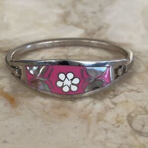 Vintage Taxco Mexico Silver Tone Abalone Shell Butterfly Bangle Child's Bracelet